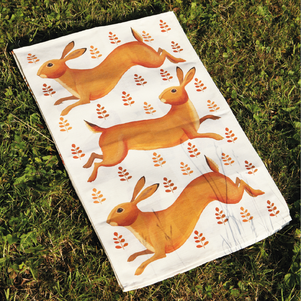 Hurrying Hares Tea Towel